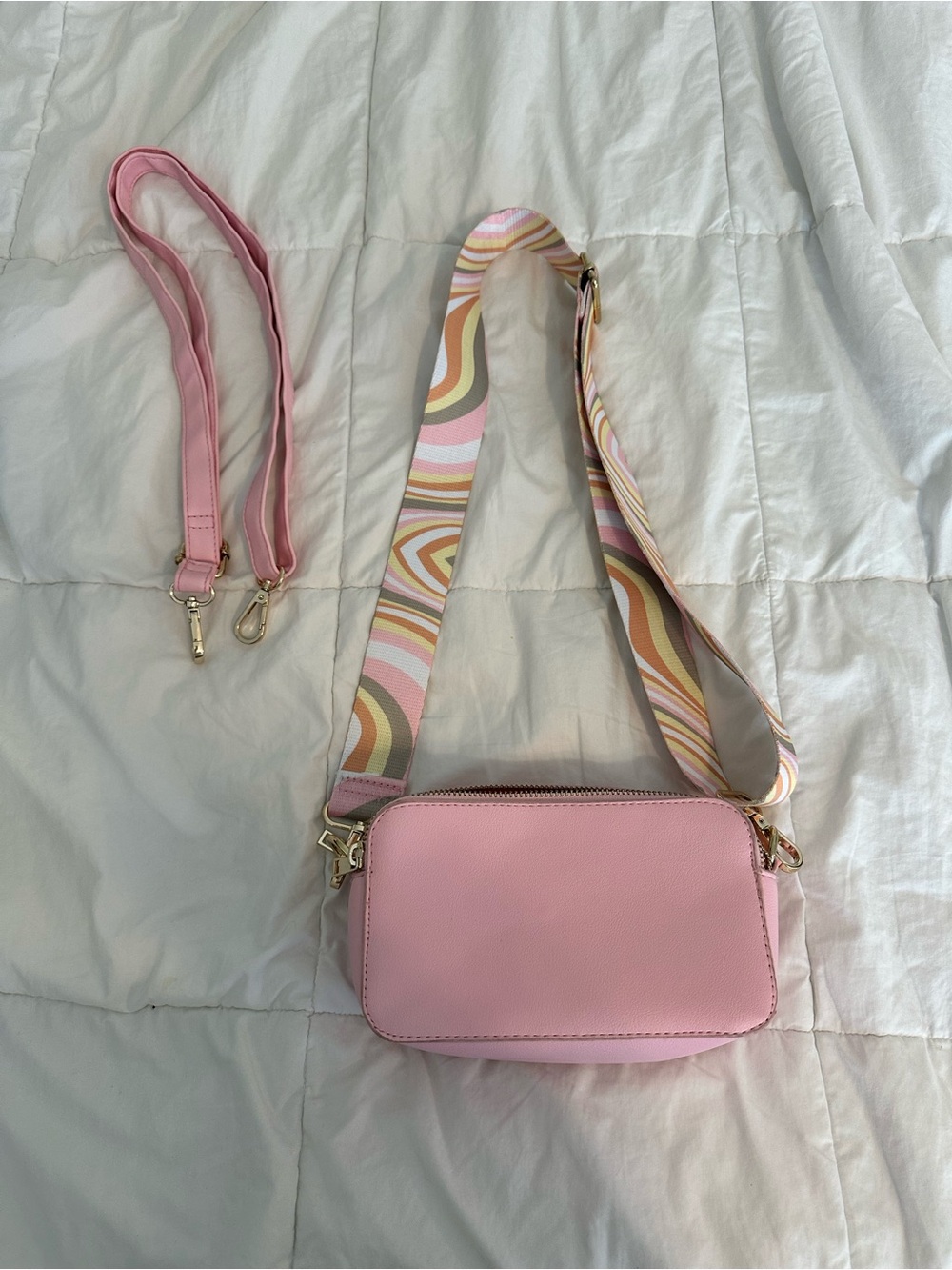 Soft Pink Crossbody Camera Bag with Patterned Guitar Strap